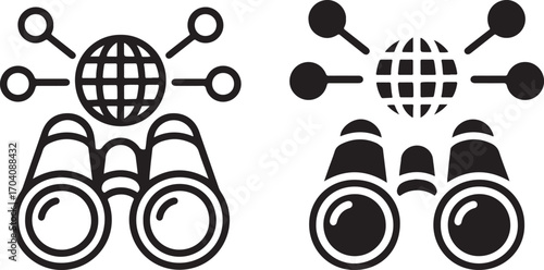 Binoculars with Globe and Network Icon Representing Global Vision, Exploration, and Connection