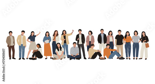 Diverse group of people standing and sitting together, modern illustration for teamwork and unity