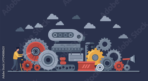 Man orchestrating complex machinery with gears, illustration of engineering