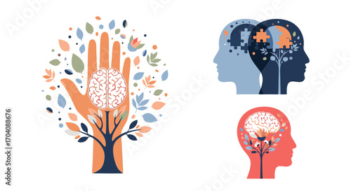Brain health and mental wellness concept with tree of life, puzzle and head illustrations