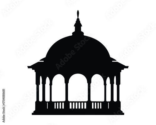 Classic black silhouette of an ornate park gazebo or pavilion. Vector illustration of a garden structure isolated on a white background