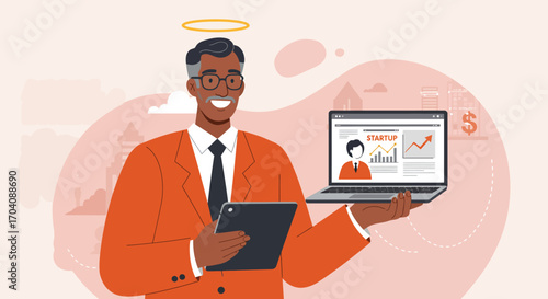 Savvy benefactor investing in new venture projects showing startup laptop