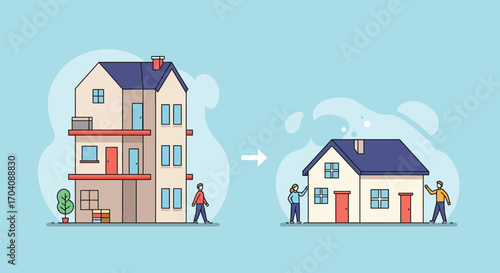 Concept downsizing homes, illustrates moving from big house to a smaller house