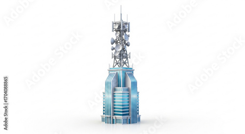 Futuristic communication tower with satellite dishes and modern architecture, perfect for telecommunications and technology