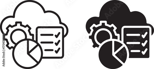 Cloud with Gear, Checklist, and Pie Chart Icon Representing Data Management, Analytics, and Business Strategy