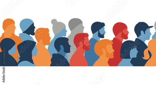 Diverse crowd of people in profile, representing community and connection, modern flat design