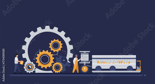 Illustrative vector of industrial automation with factory workers and machinery