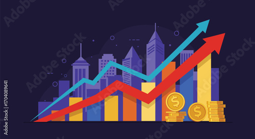 Financial growth illustration with city skyline and upward trending charts