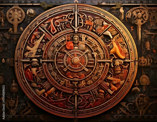 Ornate circular design, intricate carvings