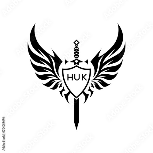 HUK  "Warrior Shield and Sword Emblem with Wings Logo," HUK Later Logo,  "Black Tribal Winged Sword Crest Vector," 
