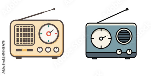 Two cartoon radios with antennas dials and knobs in beige and blue against a white background