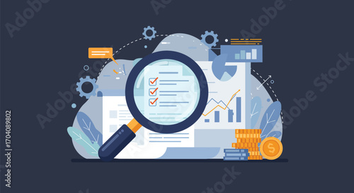 Financial audit scrutiny illustration with magnifying glass and money coins