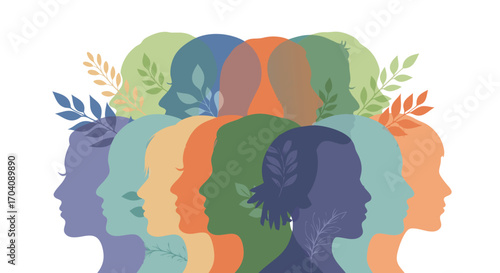 Diverse colorful silhouettes of people connected by nature and shared ideas