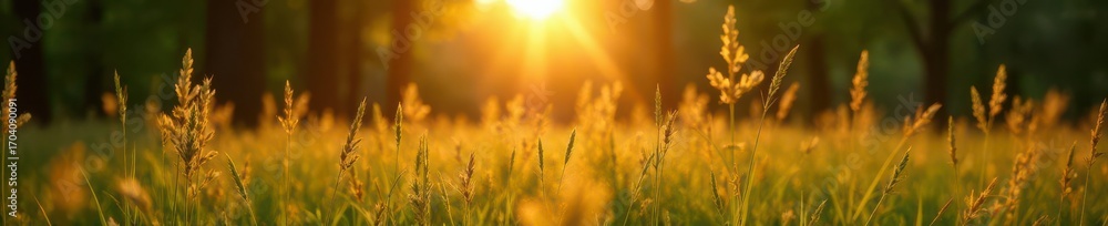Fototapeta premium Golden hour light on tall grasses, tranquil woodland scene, rural, calm, ecology