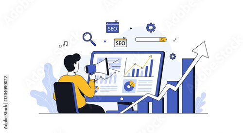 A person sits at a desk using a megaphone to amplify SEO results shown on a computer monitor displaying charts and graphs, with an upward trending arrow.