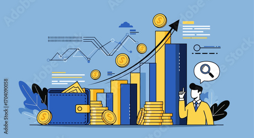Illustration depicting financial growth with rising bar graphs, coins, wallet, upward arrow, and a man analyzing with a magnifying glass.