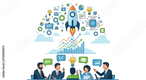 Team brainstorming innovative ideas, launching a successful business startup, visualized with a rocket and growth charts.