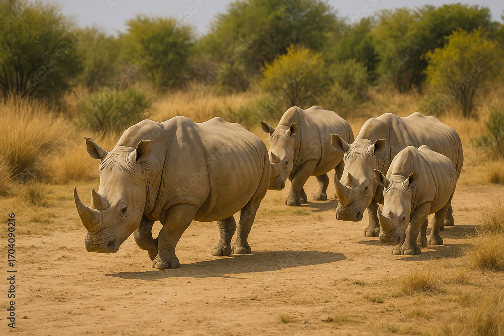 Obraz premium Group of white rhinoceroses walking on dry savanna, African wildlife animals in natural habitat.
