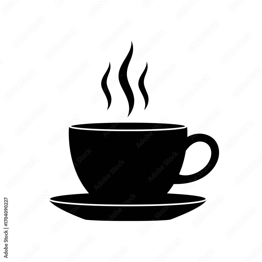 Obraz premium Black silhouette of a steaming coffee cup and saucer on a white background