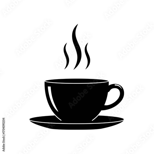 Black silhouette of a steaming cup of coffee on a saucer