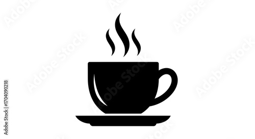 Simple black silhouette of a steaming coffee cup on a saucer