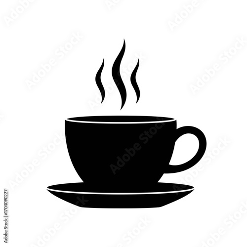 Black silhouette of a steaming coffee cup and saucer on a white background