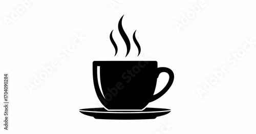 Black silhouette of a steaming coffee cup on a saucer