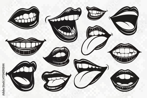 Collection of various black and white mouth expressions with teeth and tongue illustrations