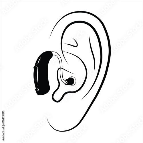 Illustration of a human ear with a hearing aid isolated on white background, hearing aid