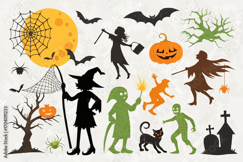 Halloween themed illustration with witches, bats, pumpkins, and other spooky elements present