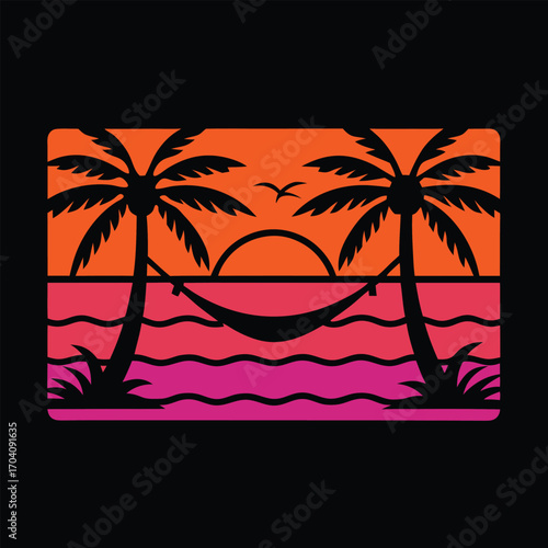 Tropical Sunset Getaway Hammock Between Palm Trees Serene Beach Scene with Birds Flying into the Sunset and Gentle Waves
