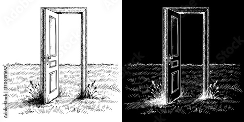 An open door standing alone in a field, a way out of a difficult life situation, psychological help, isolated vector image,  on transparent and black backgrounds, pencil drawing, chalk drawing