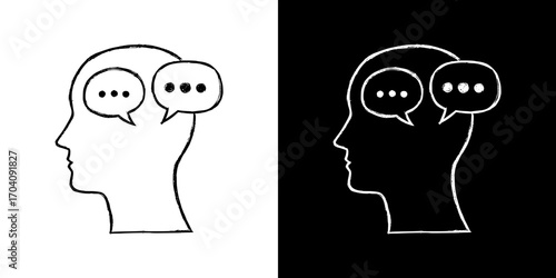 Outline of human head with speech bubbles, internal dialogue, self-analysis, diagnostics, isolated vector image, two design options on transparent and black background, pencil drawing, chalk drawing
 