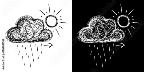 A cloud of tangled thoughts with the sun shining brightly behind it, a way out of a difficult situation, psychological help, isolated vector image, two design options on transparent and black backgrou