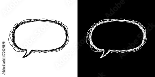 Speech bubble made of tangled threads, psychological problems isolated vector image, two design options on transparent and black background, pencil drawing, chalk drawing