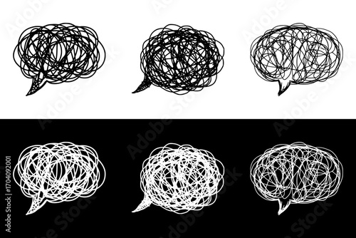 Seamless border from a set of images in the form of tangled speech bubbles, tangled thoughts, isolated vector image, two design options on transparent and black backgrounds, pencil drawing, chalk draw