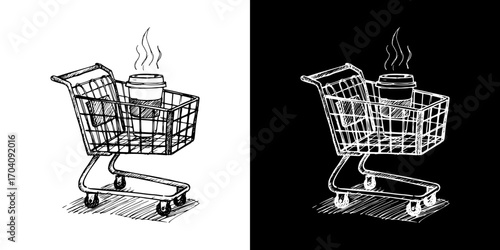 Shopping cart with coffee cup illustration, Isolated vector image, two design options on transparent and black backgrounds, pencil drawing, chalk drawing
