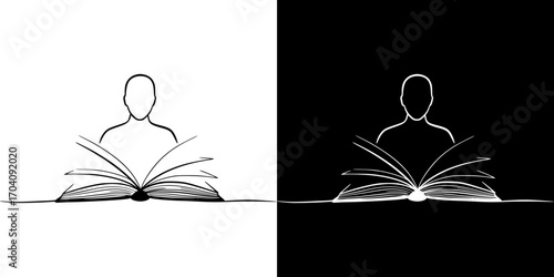 Sketch of a person with a book, studying, knowledge, self-development, isolated vector image, two design options on transparent and black background, pencil drawing, chalk drawing