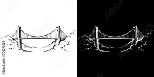 Bridge in the clouds, isolated vector image, two design options on transparent and black backgrounds, pencil drawing, chalk drawing
