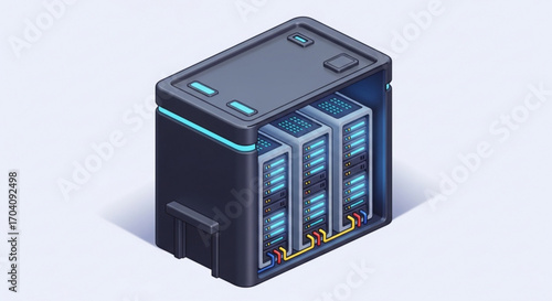 Isometric server rack data center hardware with three servers, network equipment for hosting, cloud computing and storage