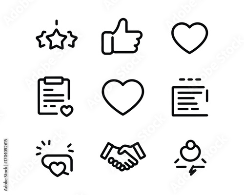 A versatile collection of monochromatic line icons depicting customer satisfaction, feedback, reviews, and positive social engagement symbols