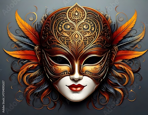 Ornate Venetian mask with intricate gold detailing and vibrant feathers