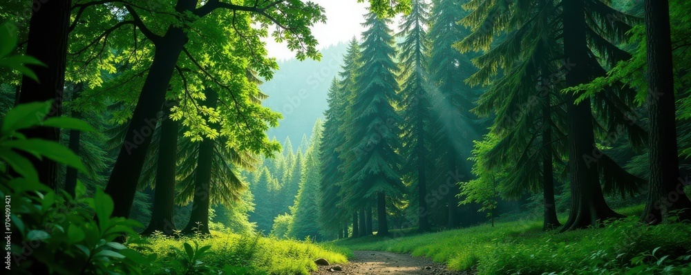 Obraz premium Majestic evergreen trees, a dense canopy overhead , shadow, vibrant, canopy