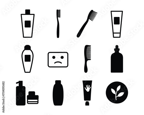 A set of black and white vector icons depicting personal care items, bathroom essentials, and cosmetic products for health and beauty routines