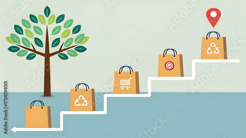 Shopping bags on steps with tree and location pin progression