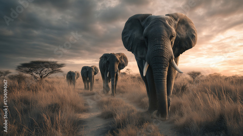 An elephant family is walking along the path in africa, photo-realistic, high-resolution, highly detailed. Ai generated