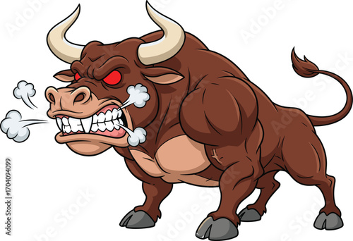 Angry cartoon bull with muscular body, red eyes, steam nose, aggressive pose, powerful horns, vector illustration for strength and rage themes