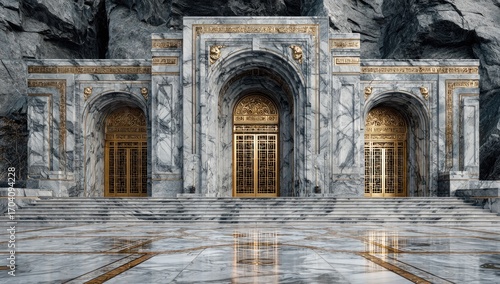 Grand marble entrance with gold accents.  Stone facade, arched doorways, and steps lead to a large, formal entryway.  Gray marble and gold trim