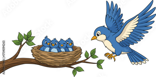 Cartoon bird family with flying parent and baby birds in nest on tree branch vector for nature, wildlife, parenting, and education design