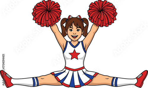 Cartoon cheerleader girl jumping in split pose with pom-poms, wearing red blue uniform, energetic expression, vector for sports spirit themes